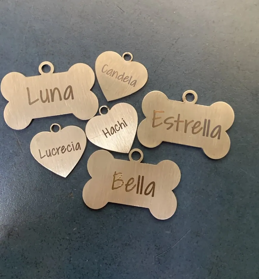 Placas para mascota en forma de hueso y corazón con nombres grabados